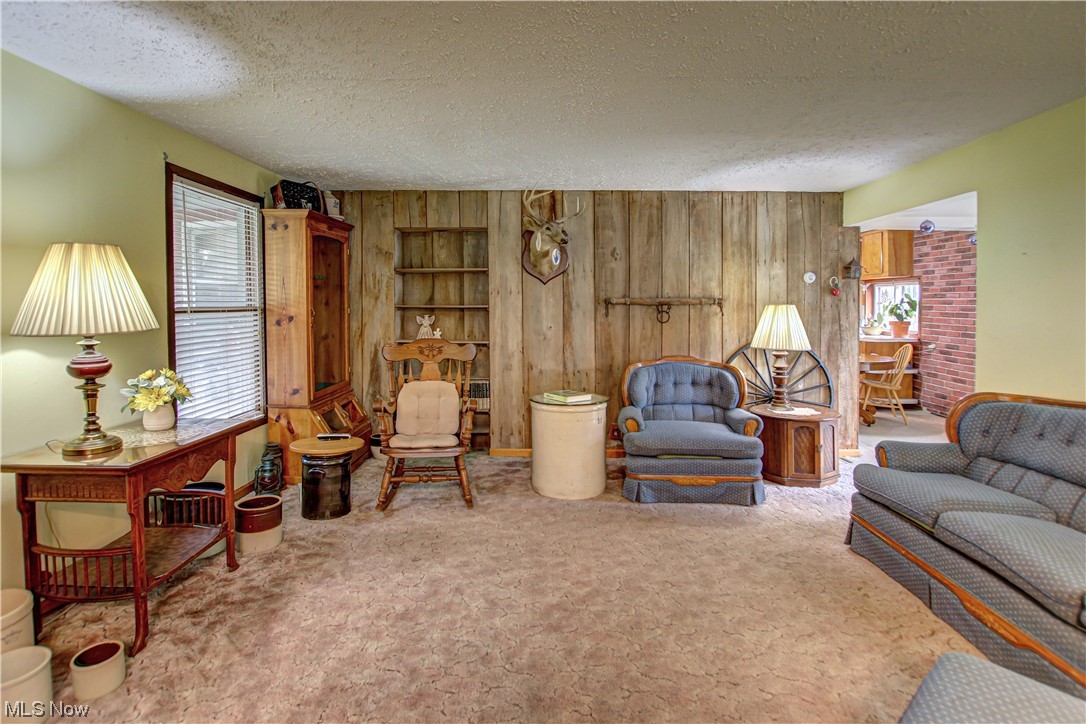 3946 Poe Road Medina, OH 44256 - Photo 12 of 35 Living room with wooden walls, brick wall, light carpet, and a textured ceiling