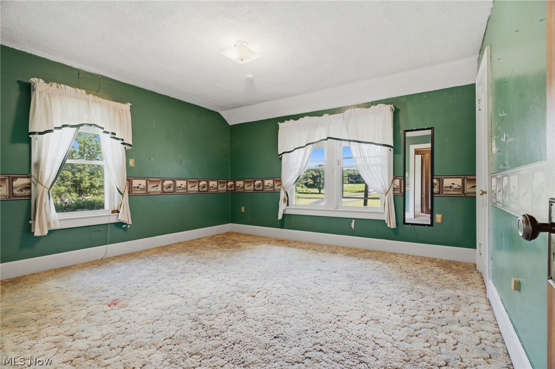 759 Runkle Avenue Ashtabula, OH 44004 - Photo 16 of 40 Room featuring two windows, green wall paint, a decorative border, white baseboards, and textured carpeting