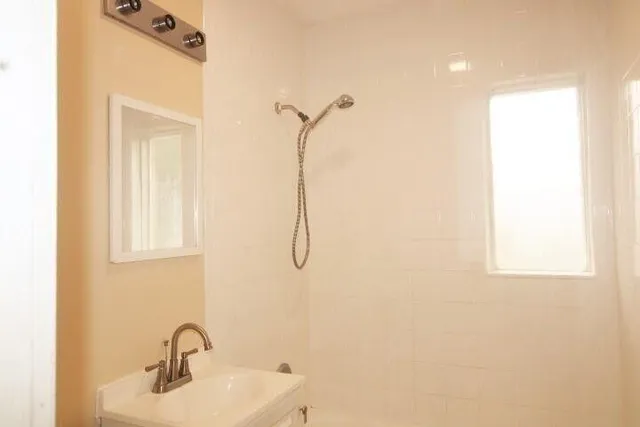 a bathroom with a sink a mirror and a shower