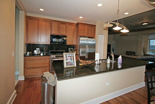 450 Village Center Drive, Unit 305 Burr Ridge, IL 60527 - Photo 5 of 10 a kitchen with granite countertop a stove a sink and a microwave