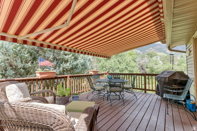 2863 Fallentine Road Sandy, UT 84093 - Photo 8 of 48 Expansive outdoor deck featuring wood flooring and a striped retractable awning