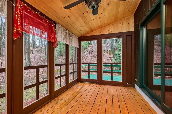 a view of porch with a large window