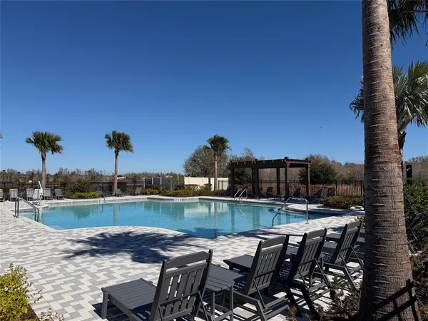 a view of a swimming pool with outdoor seating and plants
