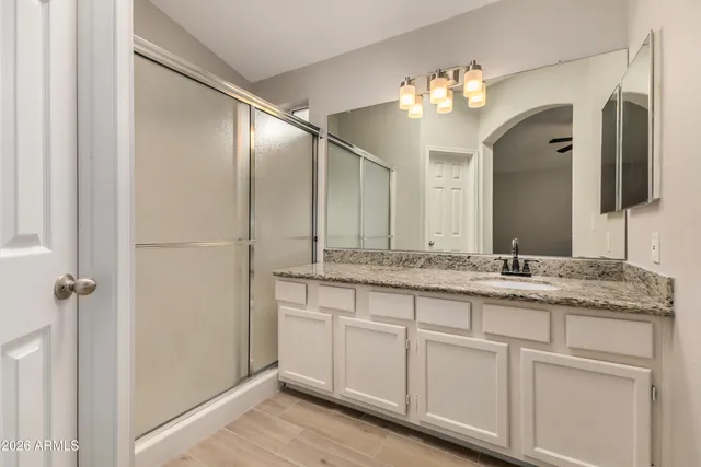 a bathroom with a granite countertop sink a large mirror and a shower