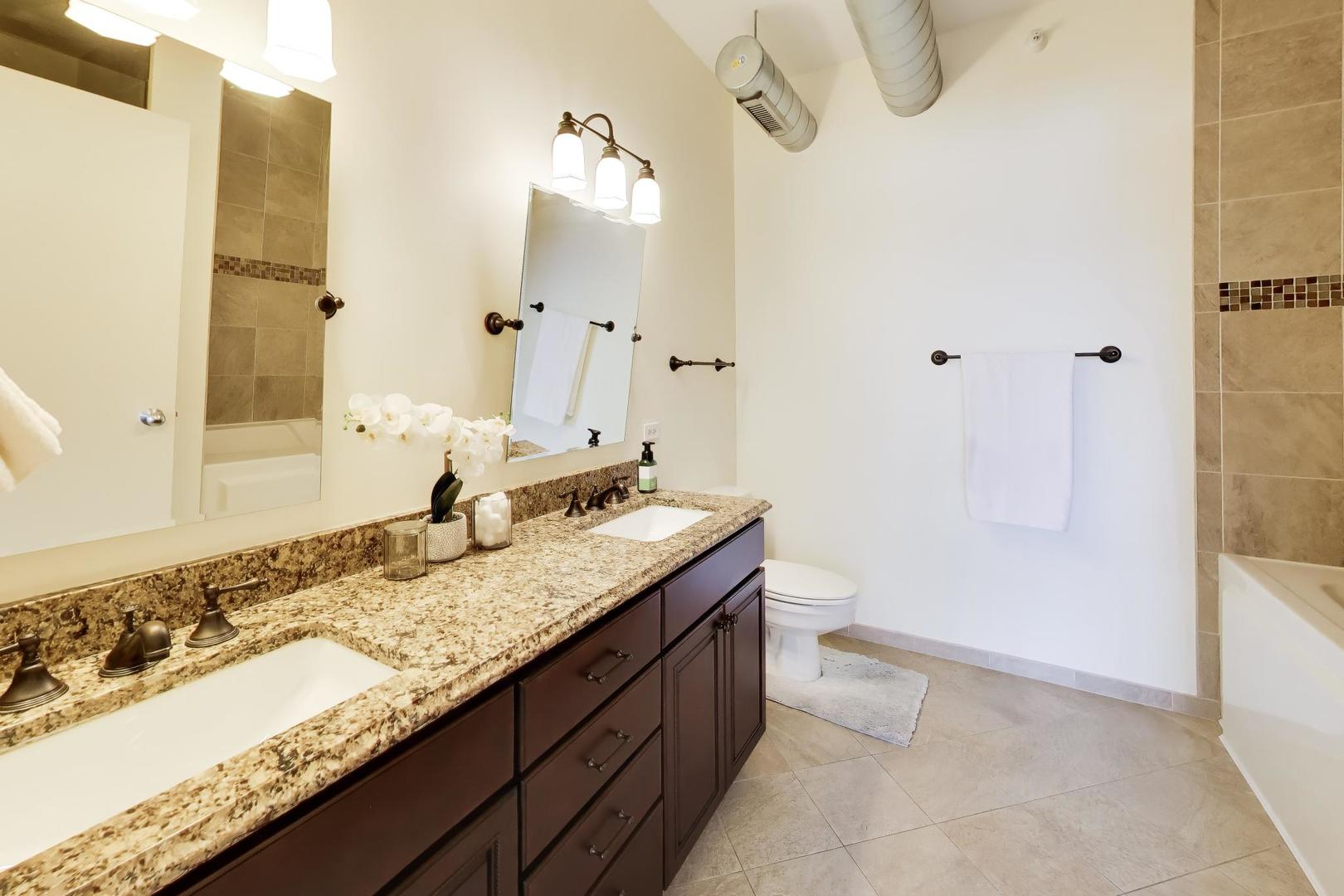1200 West Monroe Street, Unit 502 Chicago, IL 60607 - Photo 15 of 34 a bathroom with a granite countertop sink and a mirror