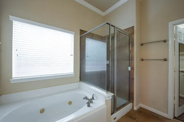 a bathroom with a bathtub and a shower