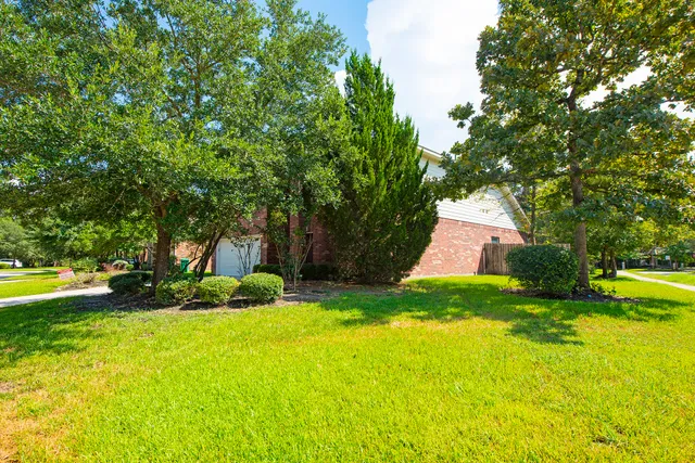 a view of backyard of house with green space