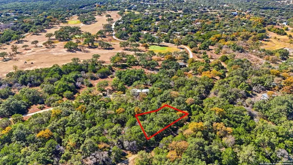 an aerial view of house with yard and covered with trees