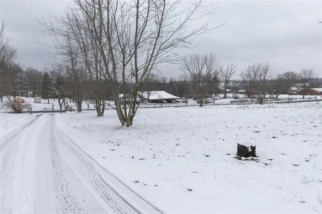 a view of a yard covered in snow