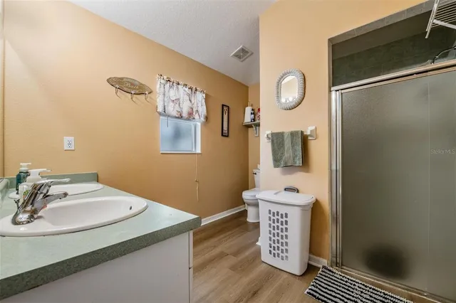 a bathroom with a sink vanity and a mirror