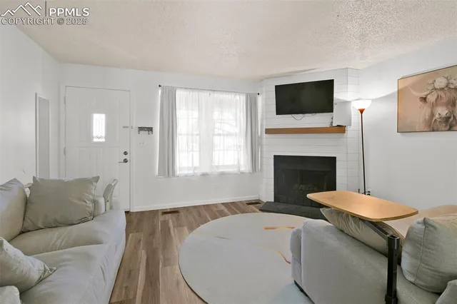 a living room with furniture a fireplace and a flat screen tv