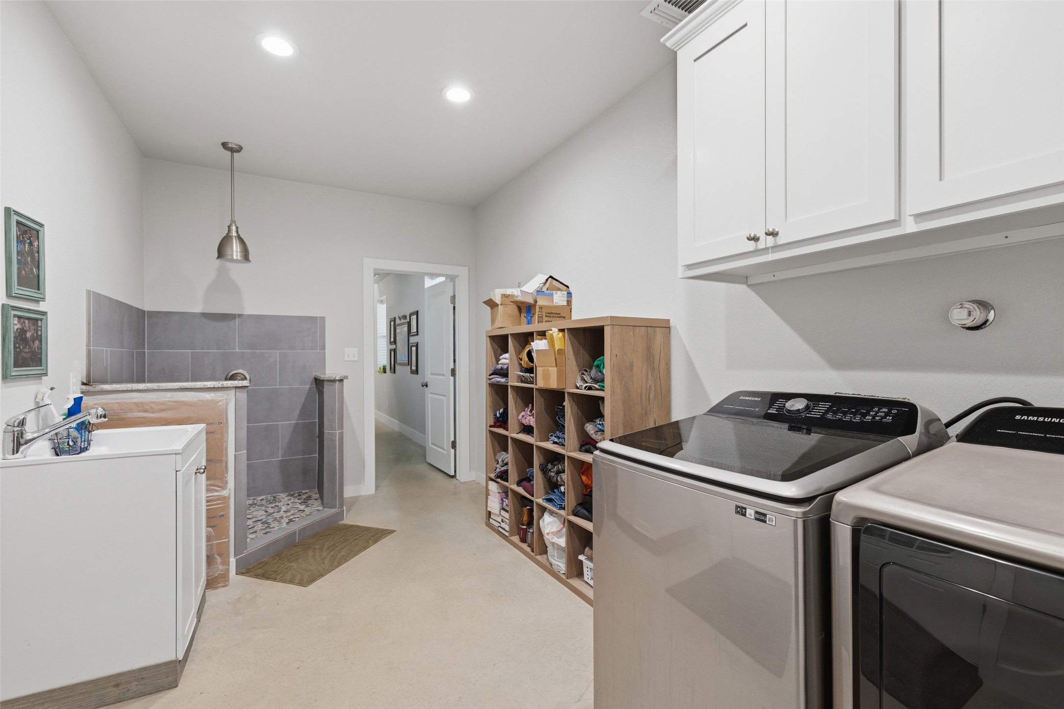 764 Stubbs Road Johnson City, TX 78636 - Photo 20 of 29 Functional utility room featuring contemporary appliances and a dedicated pet bathing area.