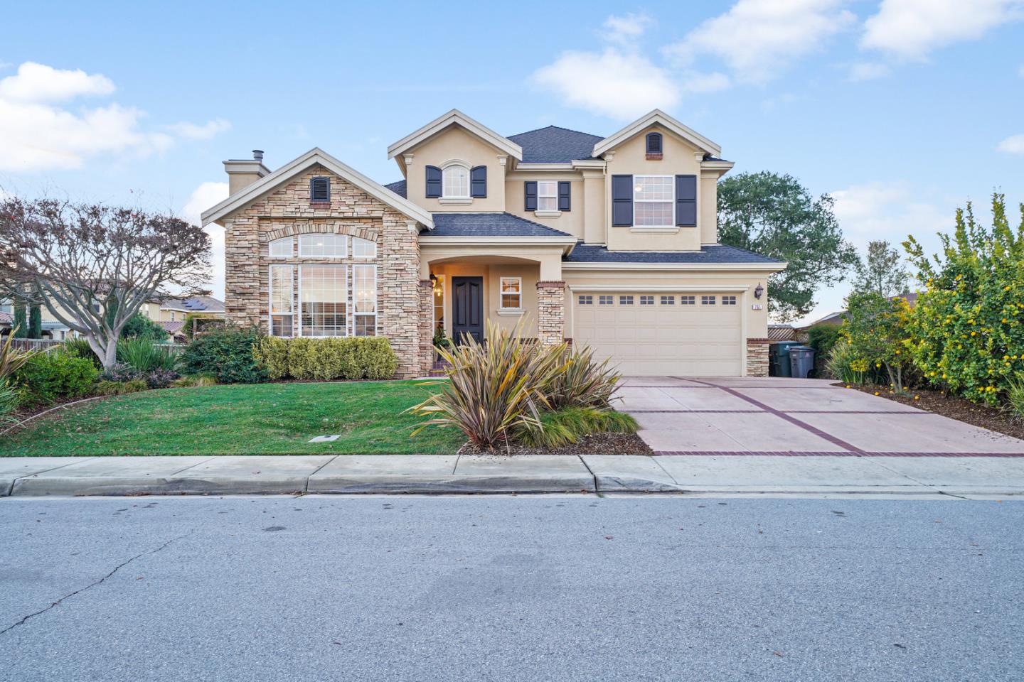 a front view of a house with a yard and garage