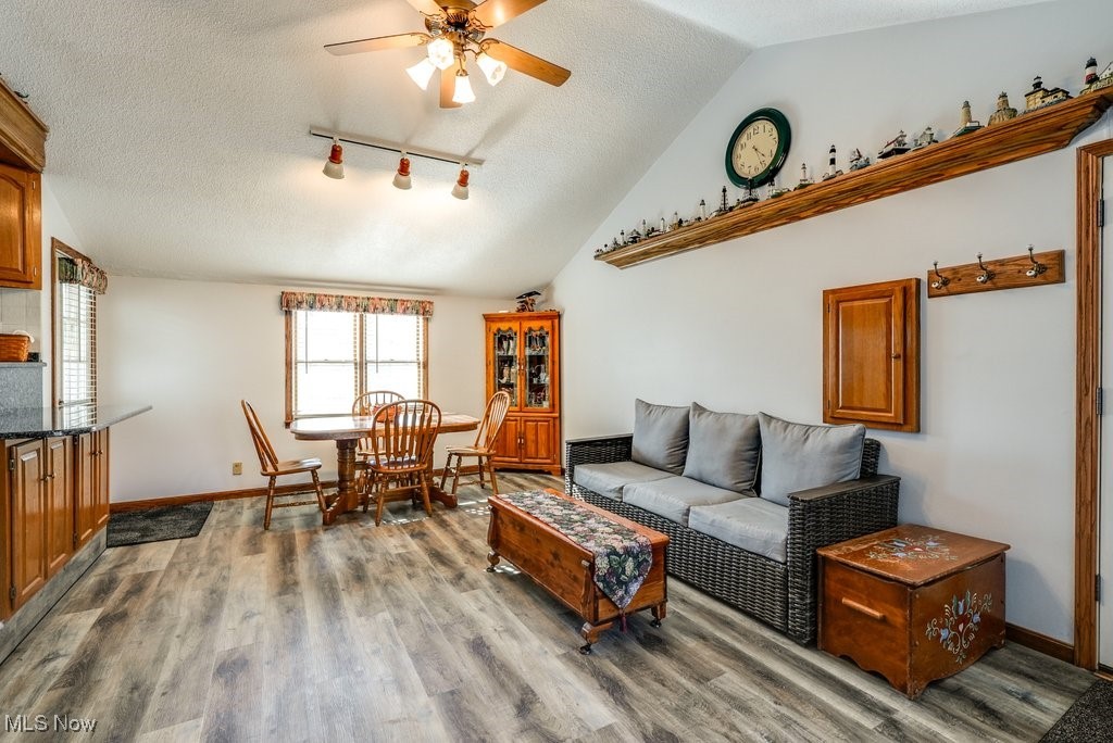 4220 Lake Heights Road Northwest Canton, OH 44708 - Photo 16 of 48 Living room with baseboards, lofted ceiling, wood finished floors, a textured ceiling, and a ceiling fan