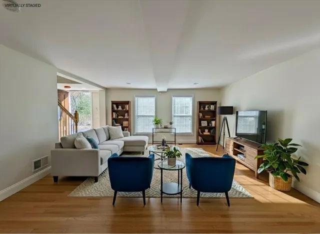 a living room with furniture or couch and a potted plant