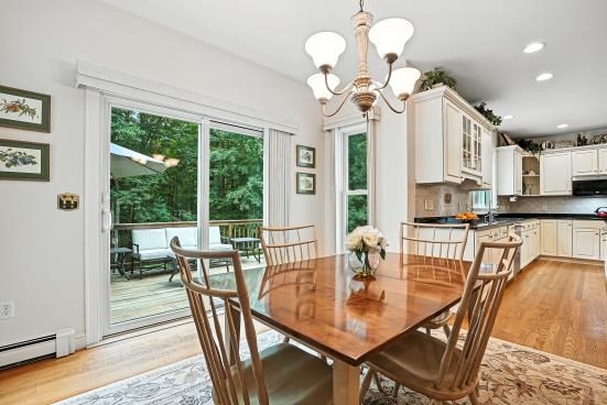8 Miscoe Hill Road Upton, MA 01568 - Photo 12 of 40 a dining room with wooden floor a chandelier a glass table and chairs