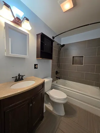 a bathroom with a toilet a sink a mirror a bathtub and vanity