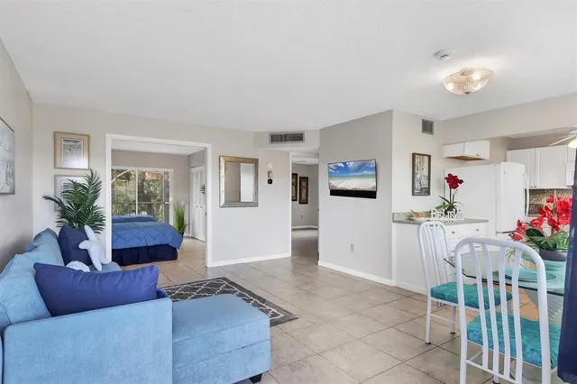 a living room with furniture and a potted plant