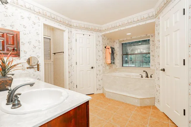 a bathroom with a tub sink and mirror