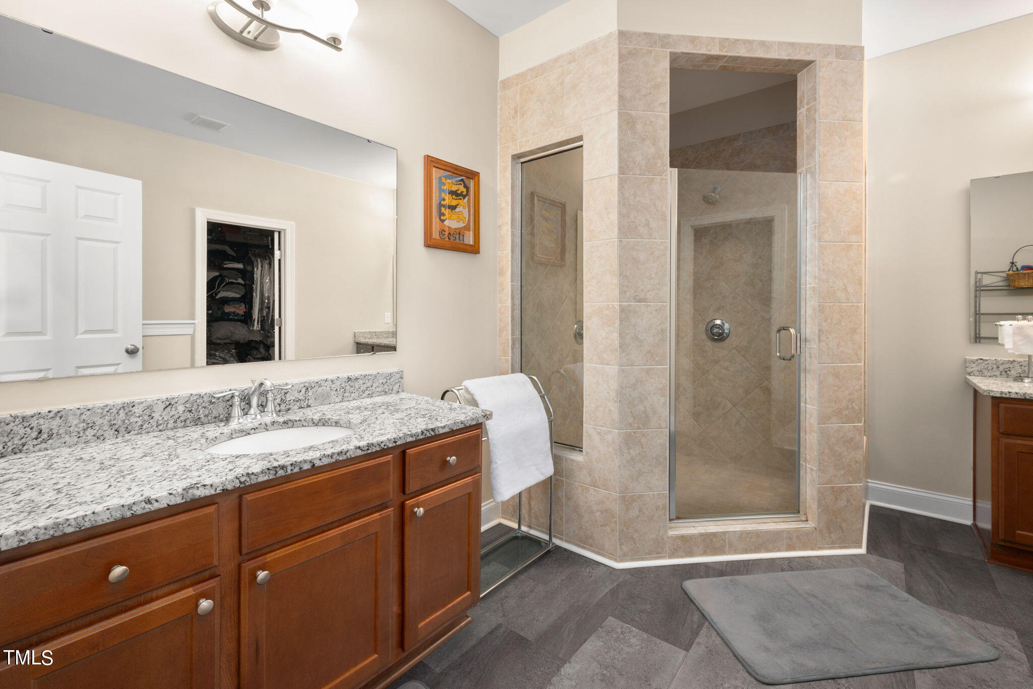 1428 Spring Valley Lake Road Henderson, NC 27537 - Photo 49 of 92 a bathroom with a granite countertop sink a mirror and shower