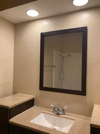 a bathroom with a sink vanity and a mirror