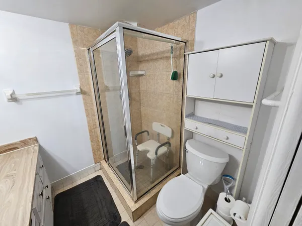 a white toilet sitting next to a shower