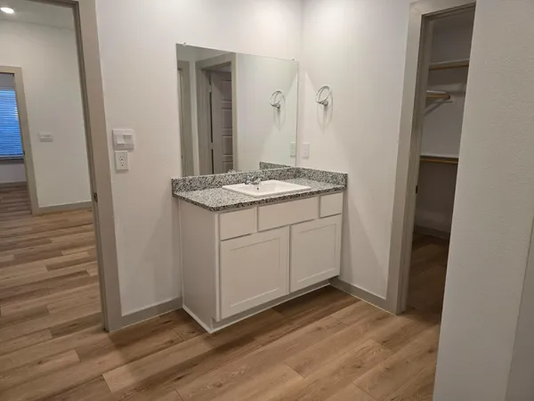 a bathroom with a sink and mirror