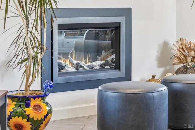 a living room with furniture a fireplace and a floor to ceiling window