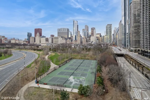 a view of a city with tall buildings