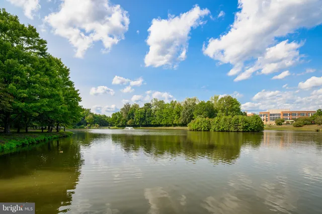 a view of a lake with houses in the back