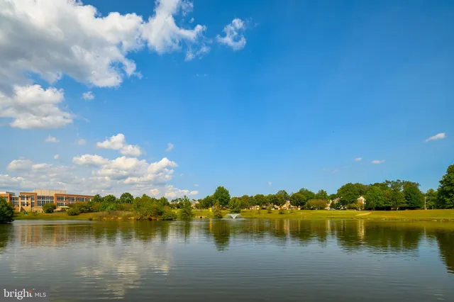 a view of a lake with houses in the back