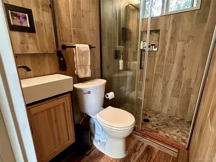 a bathroom with a toilet and a shower