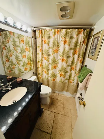 a bathroom with a granite countertop sink toilet and shower