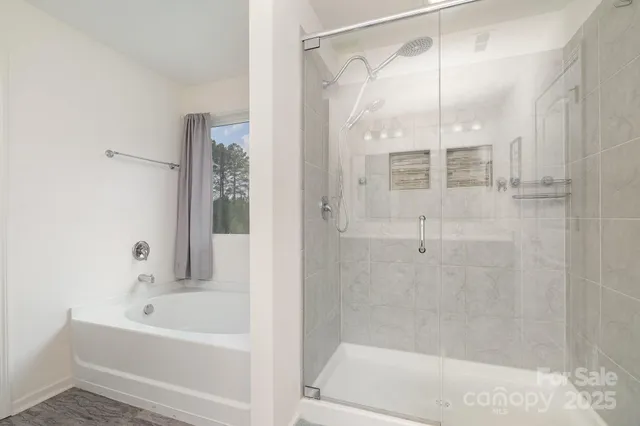 a bathroom with a bathtub and a shower