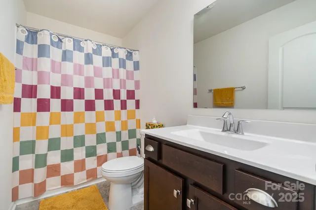 a bathroom with a sink a toilet a mirror and shower curtain