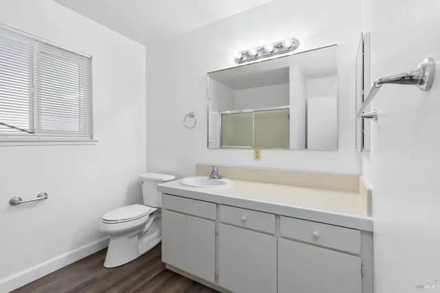 a bathroom with a toilet a sink and mirror