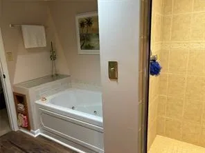 a bathroom with a bathtub