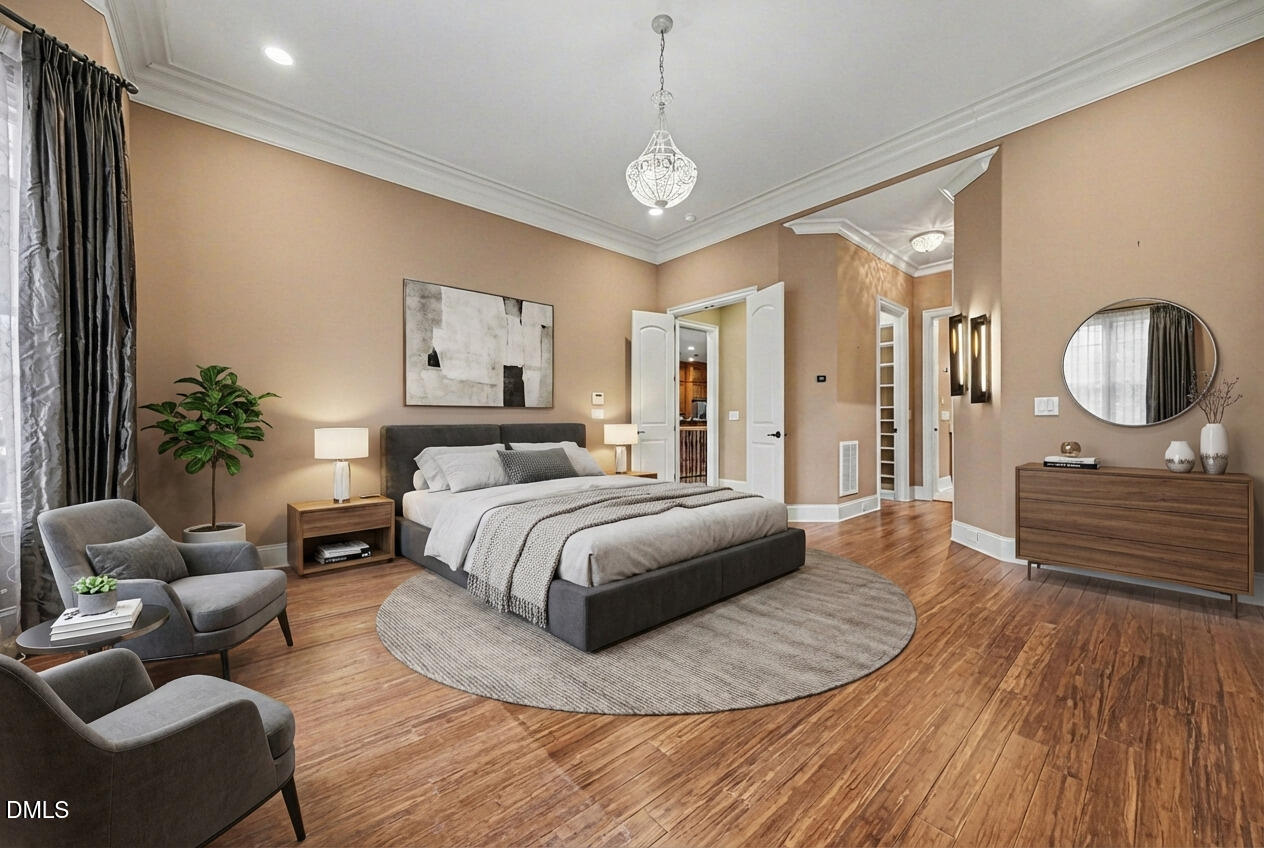 4105 Gardenlake Drive Raleigh, NC 27612 - Photo 13 of 28 a spacious bedroom with a bed a couch and potted plant with the wooden floor