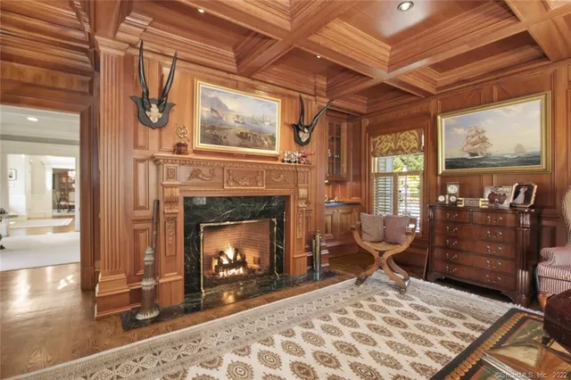a living room with furniture a fireplace and wooden floor