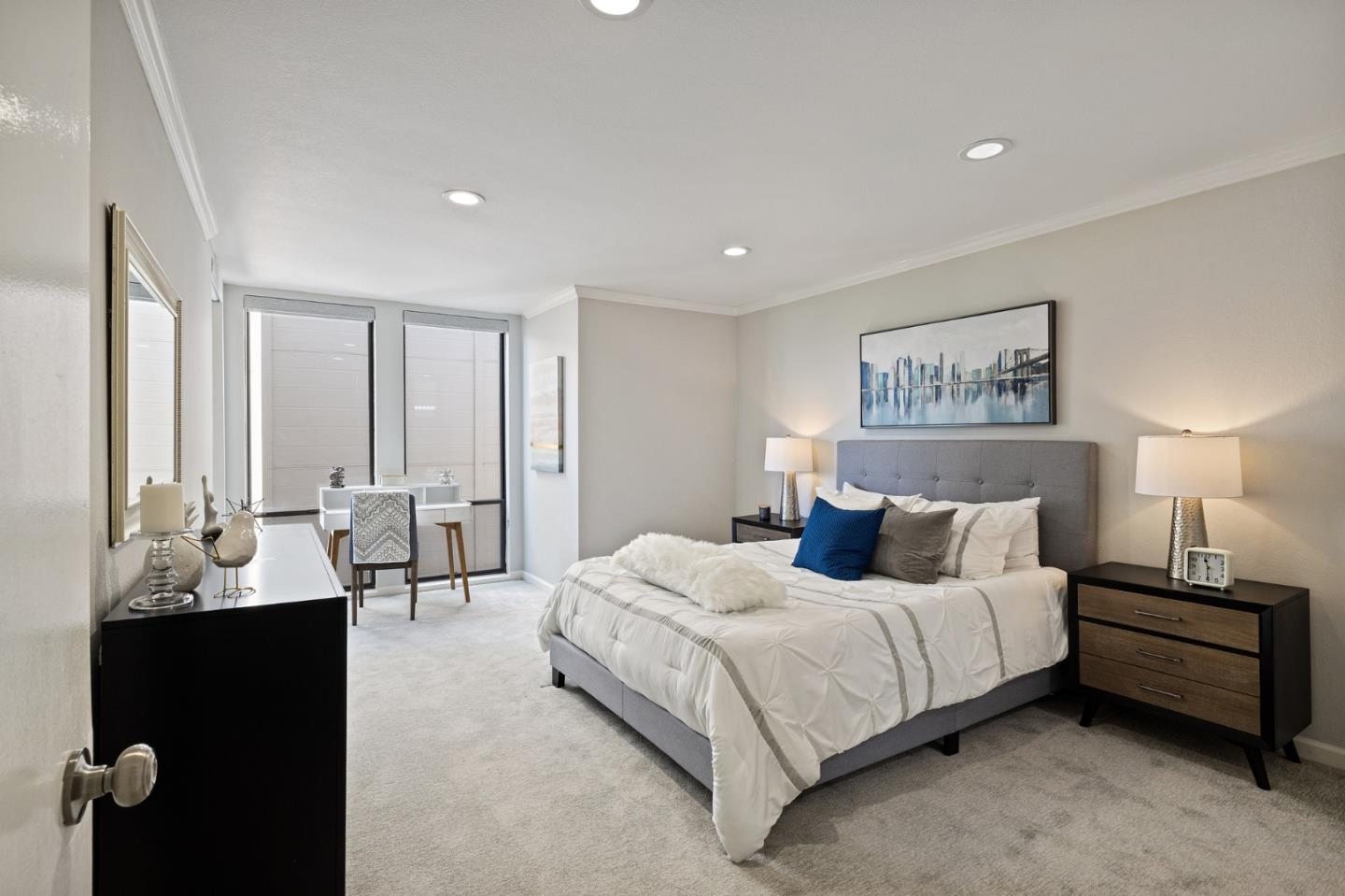 1171 Compass Lane, Unit 216 Foster City, CA 94404 - Photo 19 of 35 a bedroom with a bed couch and three large window