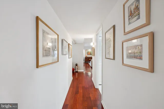 a view of a hallway with wooden floor and a painting on the wall