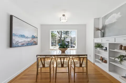 a view of a dining room with furniture window and wooden floor