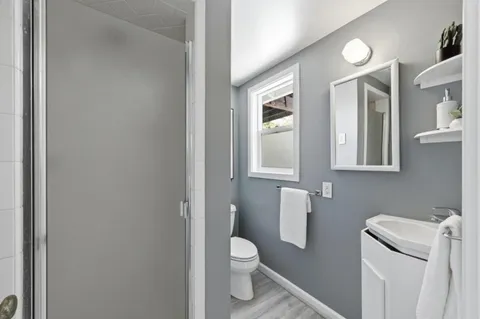 a bathroom with a toilet a sink and mirror