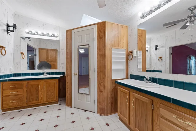 a bathroom with a sink a mirror and a shower