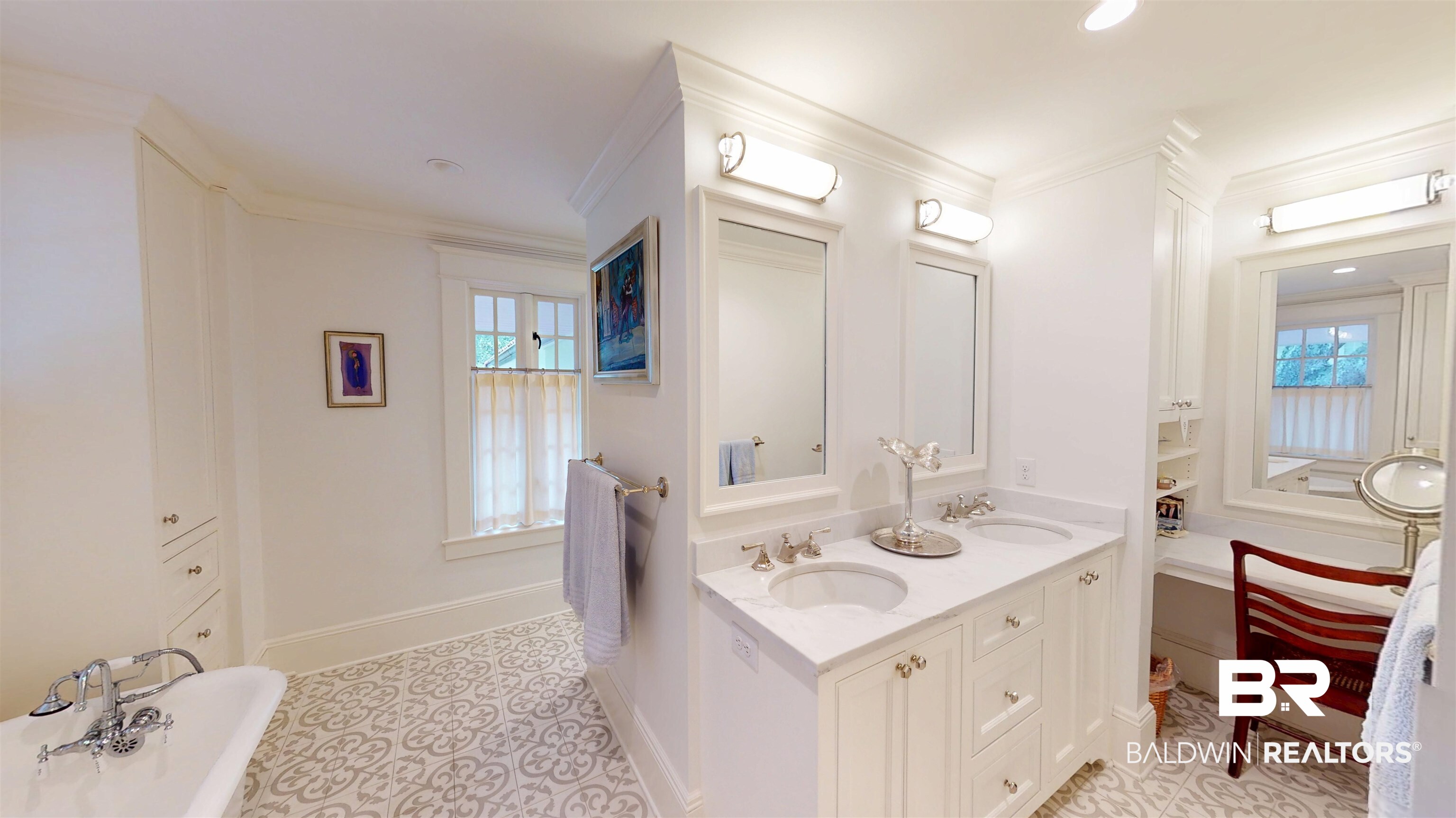 211 Lanier Avenue Mobile, AL 36607 - Photo 37 of 73 Full bathroom featuring crown molding, double vanity, recessed lighting, and a freestanding tub