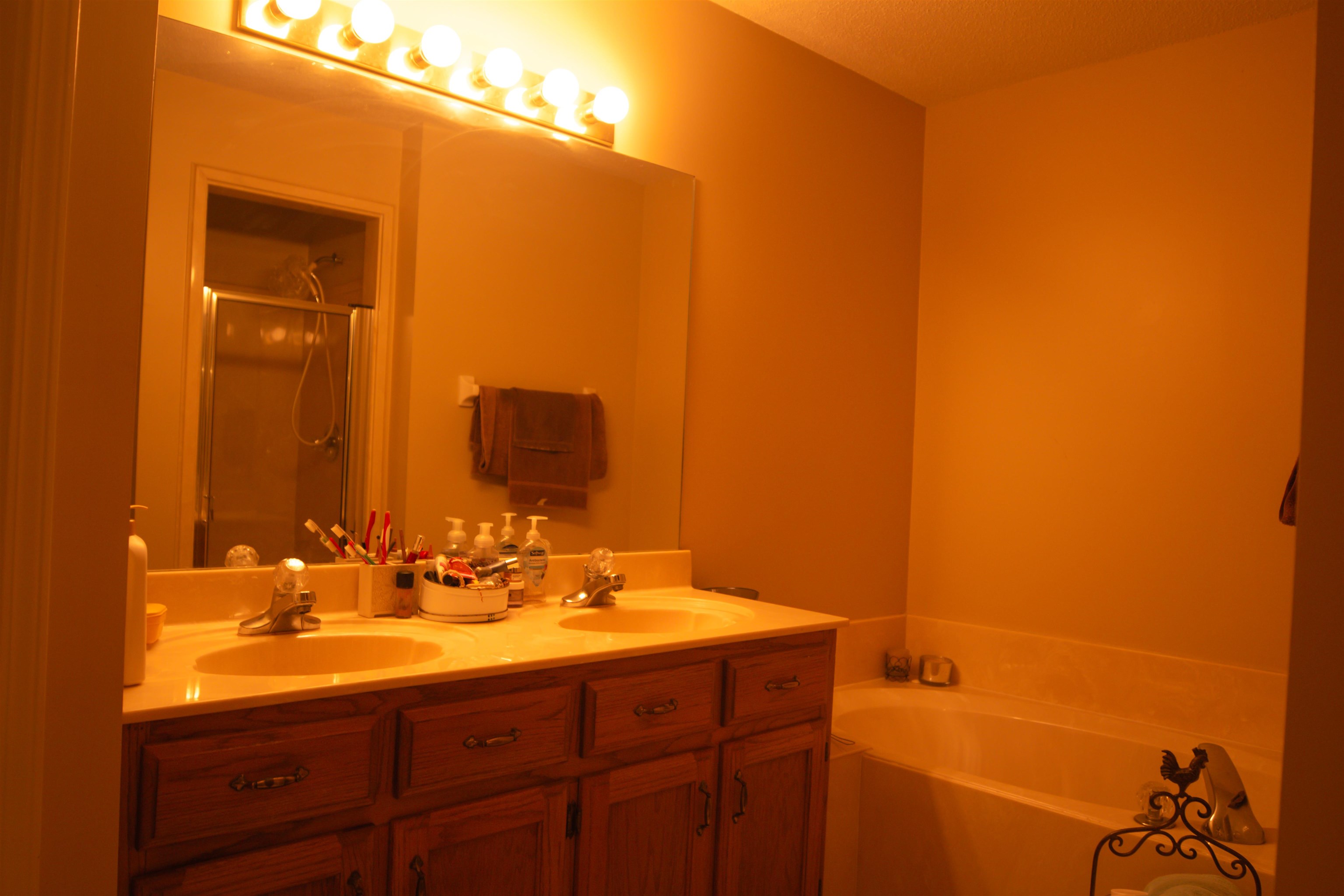 4100 Altruria Road Bartlett, TN 38135 - Photo 15 of 23 Bathroom featuring separate shower and tub, a textured ceiling, and double sink vanity