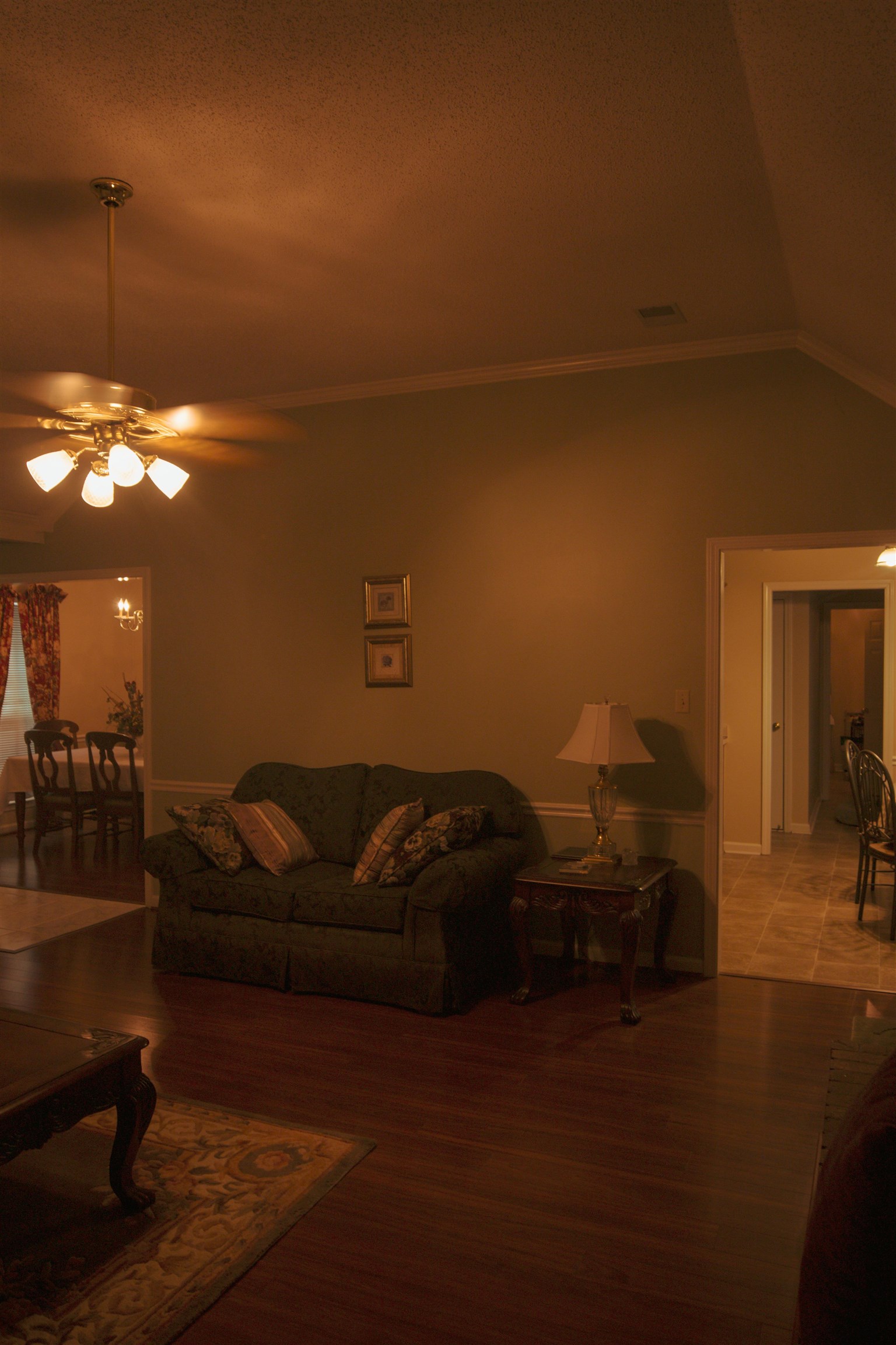 4100 Altruria Road Bartlett, TN 38135 - Photo 5 of 23 Living room with wood-type flooring, vaulted ceiling, crown molding, and ceiling fan