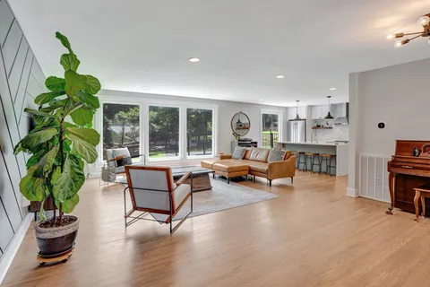 a living room with furniture and a potted plant