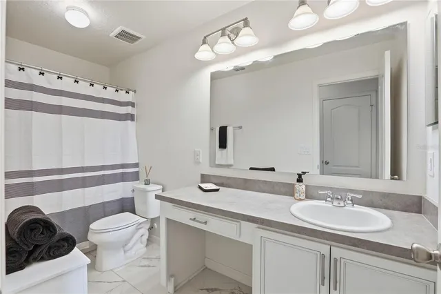 a bathroom with a sink a toilet a mirror and shower curtain