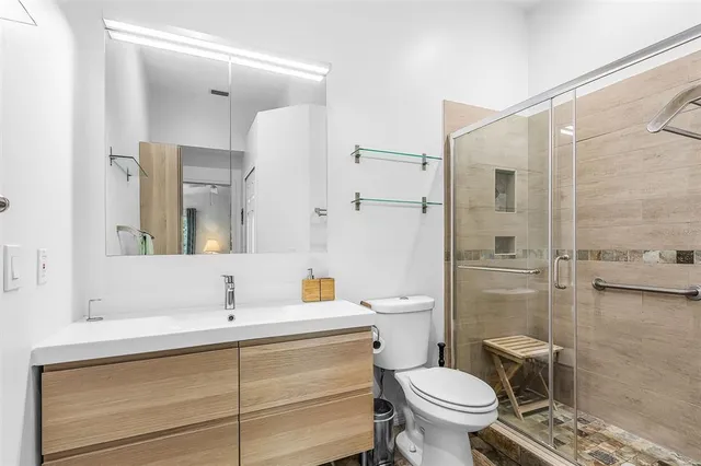 a bathroom with a shower and toilet